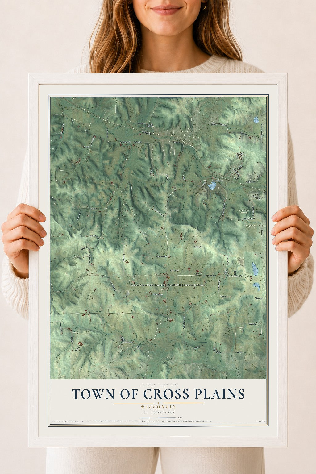 Map of the Town of Cross Plains, Wisconsin, 18 x 24 inch print in a white wood frame