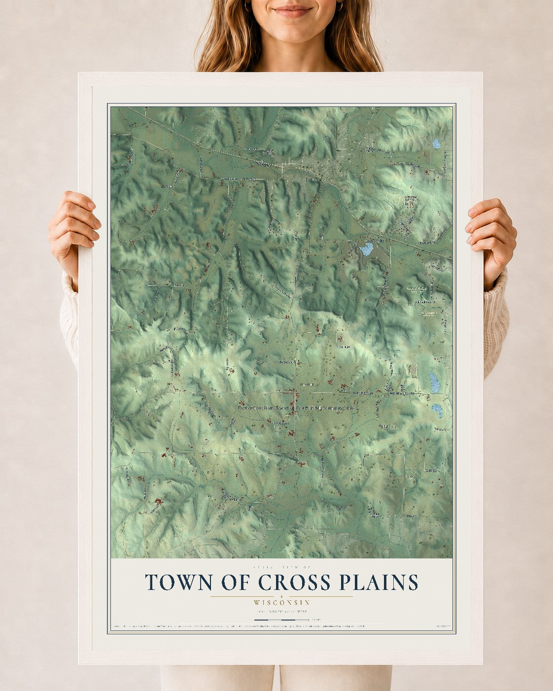 Map of the Town of Cross Plains, Wisconsin, 24 x 36 inch print in a white wood frame