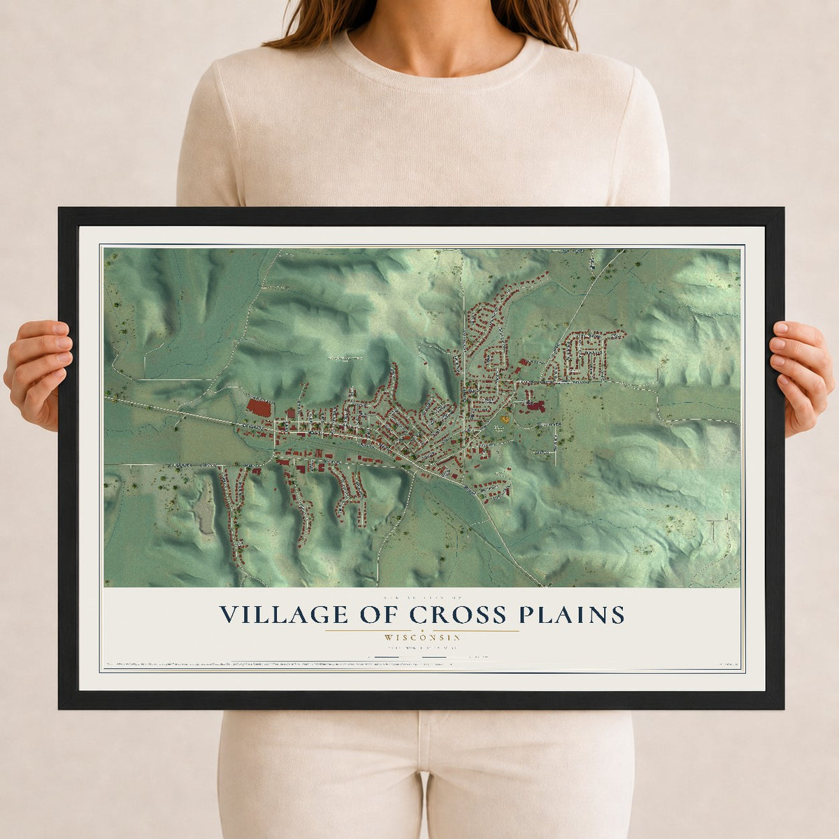Map of Cross Plains, Wisconsin, 12 x 18 inch print in a black wood frame