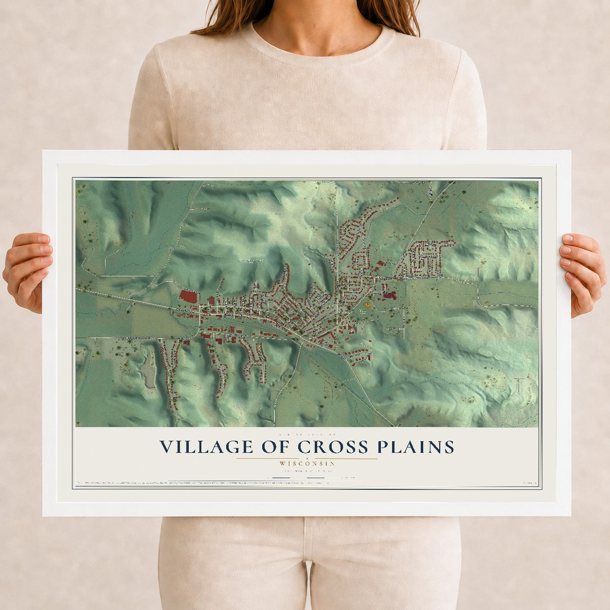 Map of Cross Plains, Wisconsin, 12 x 18 inch print in a white wood frame