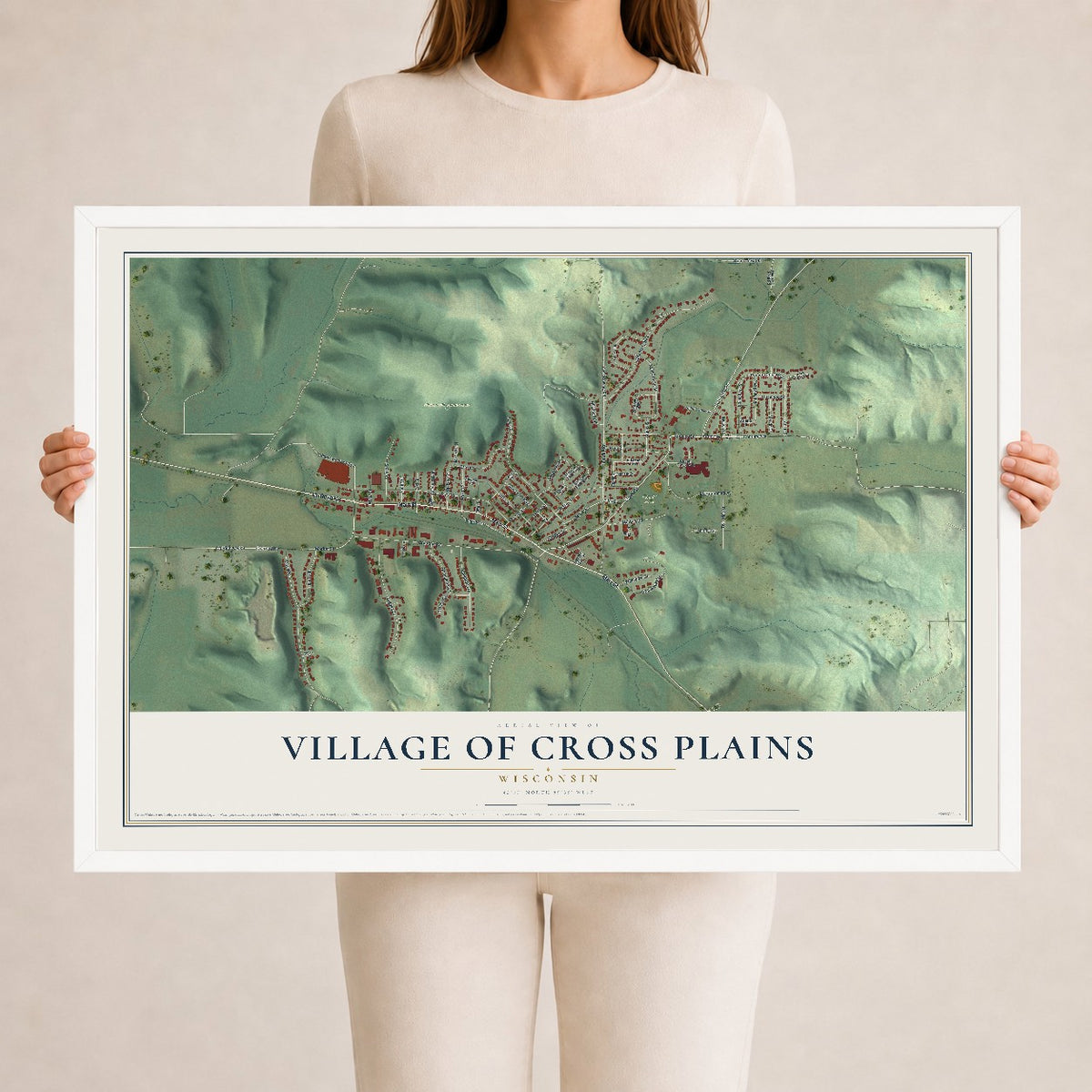 Map of Cross Plains, Wisconsin, 24 x 36 inch print in a white wood frame
