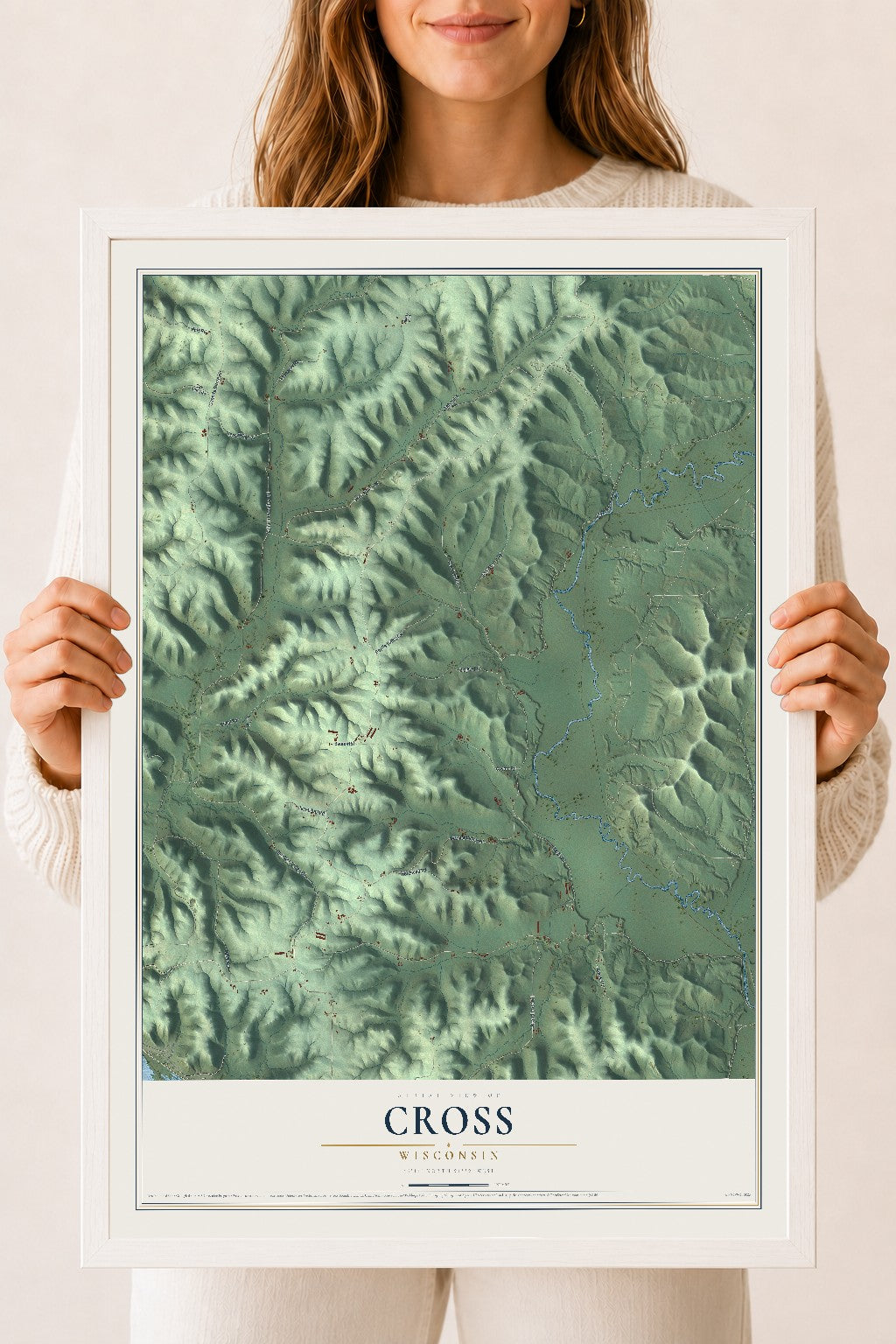Map of Cross, Wisconsin, 18 x 24 inch print in a white wood frame