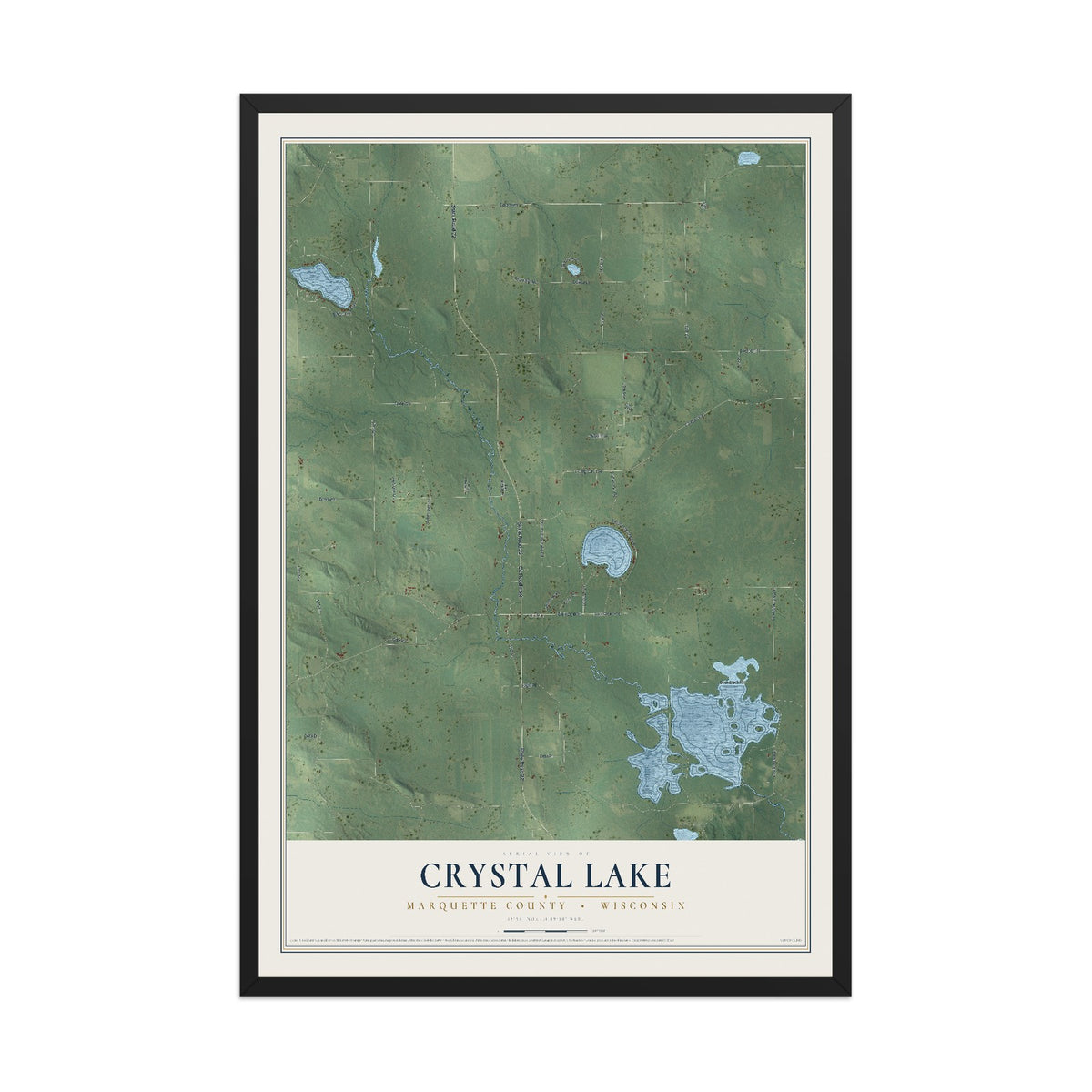 Map of Crystal Lake, Marquette County, Wisconsin, 12 x 18 inch print in a black wood frame