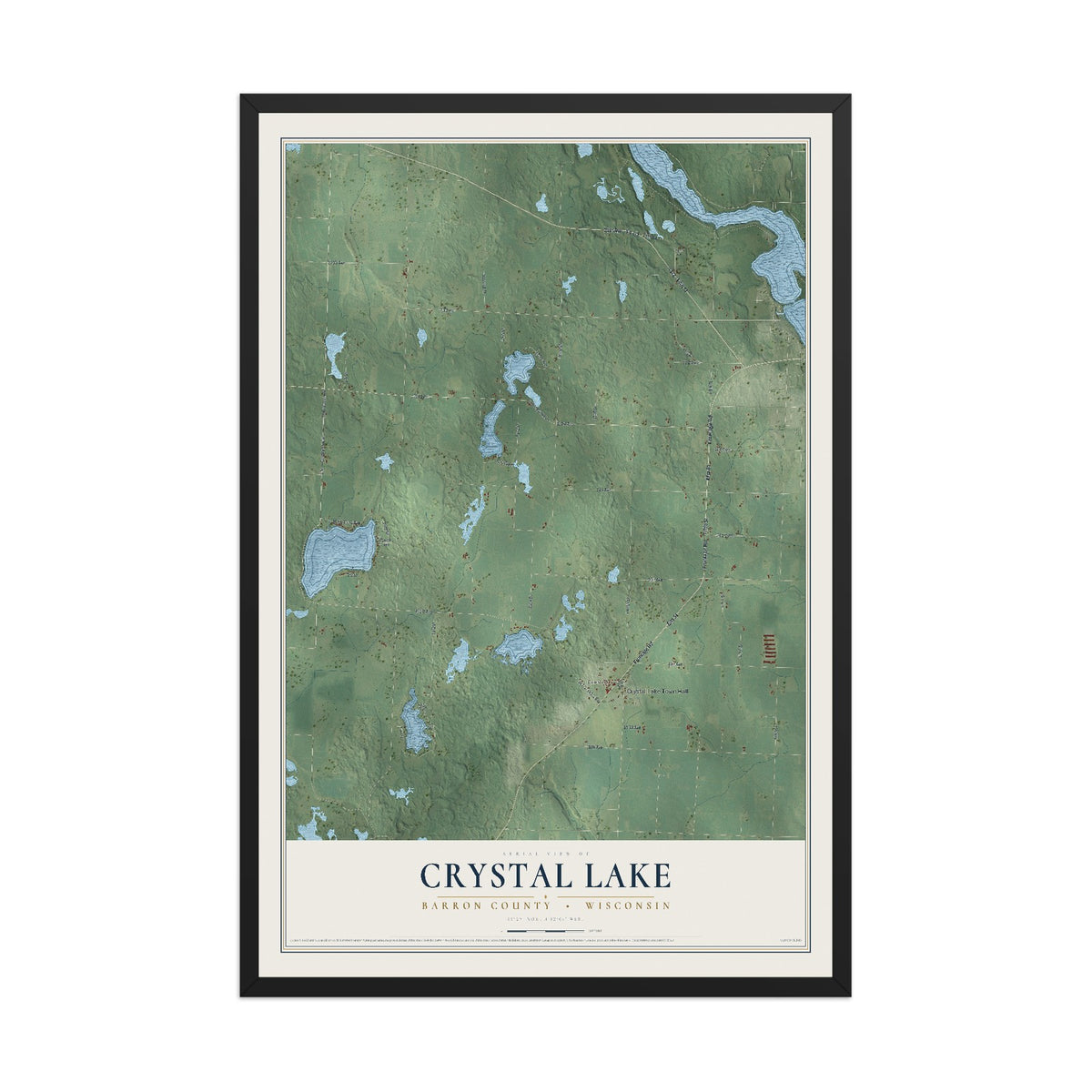 Map of Crystal Lake, Barron County, Wisconsin, 12 x 18 inch print in a black wood frame