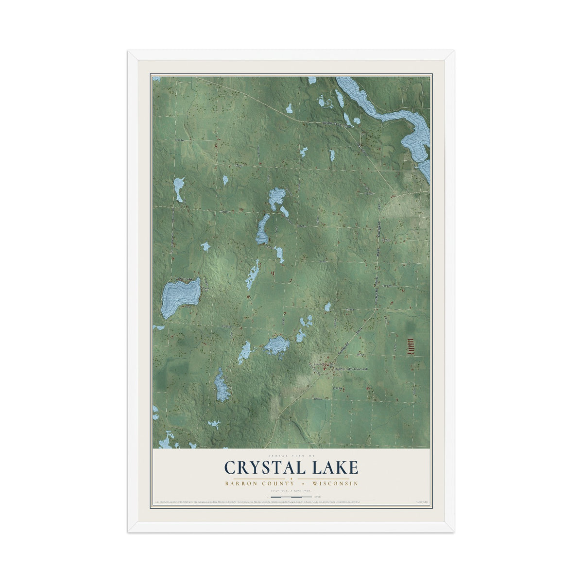 Map of Crystal Lake, Barron County, Wisconsin, 12 x 18 inch print in a white wood frame