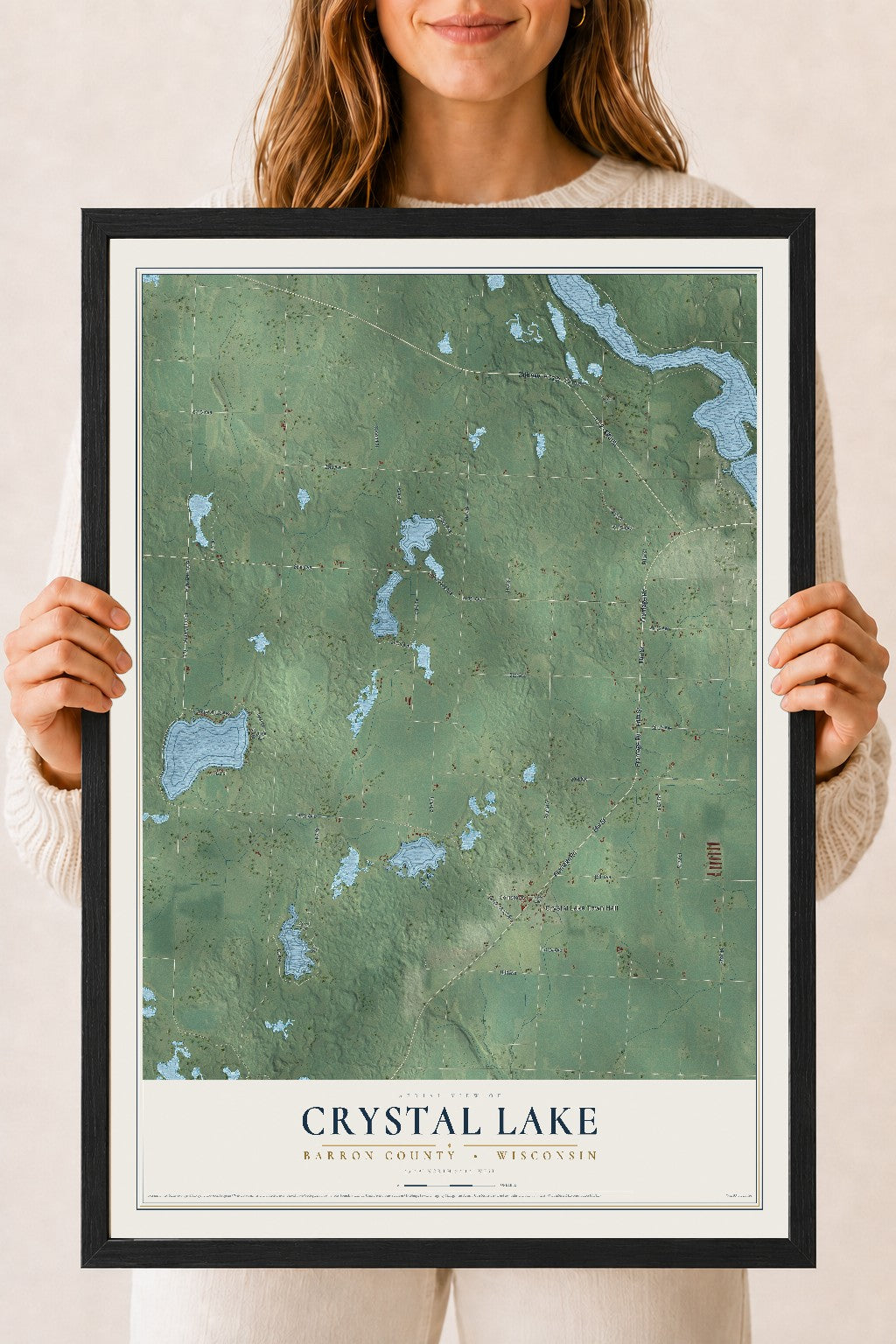 Map of Crystal Lake, Barron County, Wisconsin, 18 x 24 inch print in a black wood frame