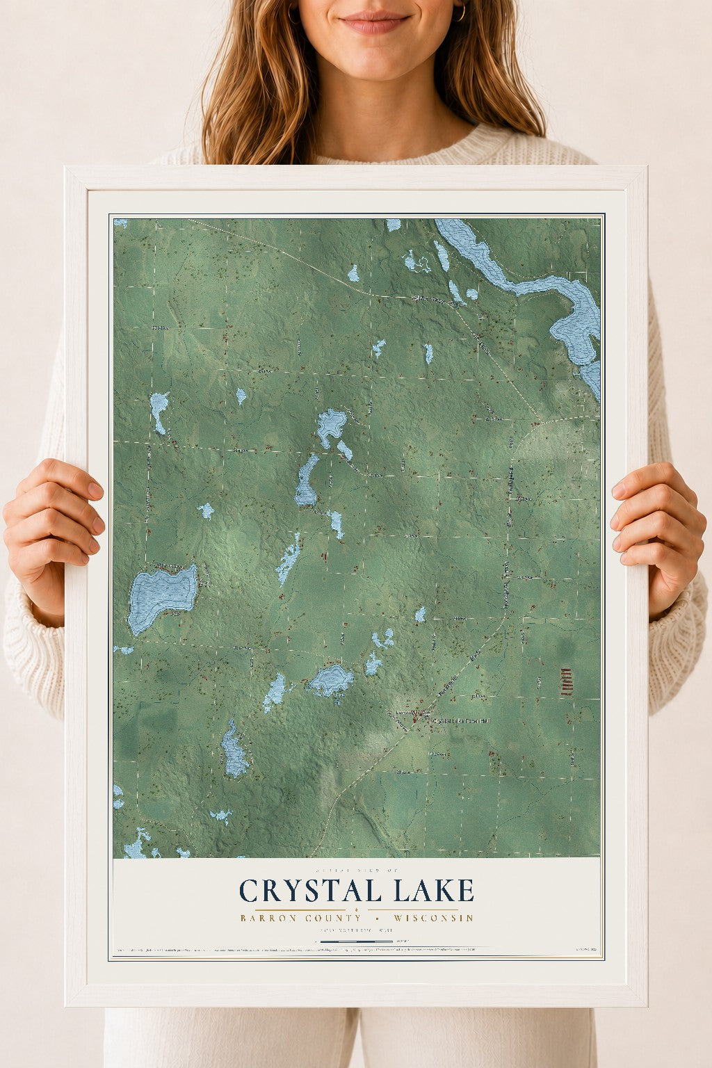 Map of Crystal Lake, Barron County, Wisconsin, 18 x 24 inch print in a white wood frame