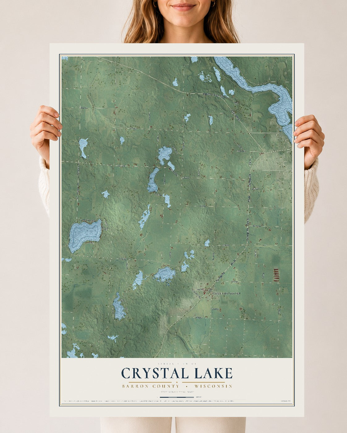 Map of Crystal Lake, Barron County, Wisconsin, 24 x 36 inch unframed archival matte print