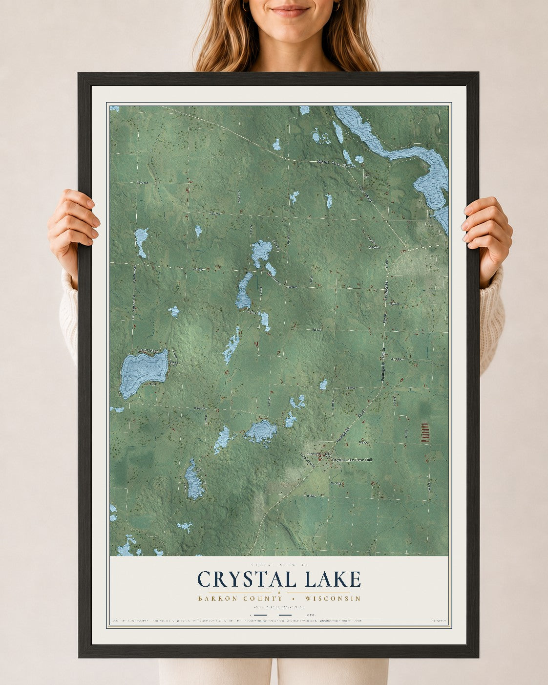 Map of Crystal Lake, Barron County, Wisconsin, 24 x 36 inch print in a black wood frame