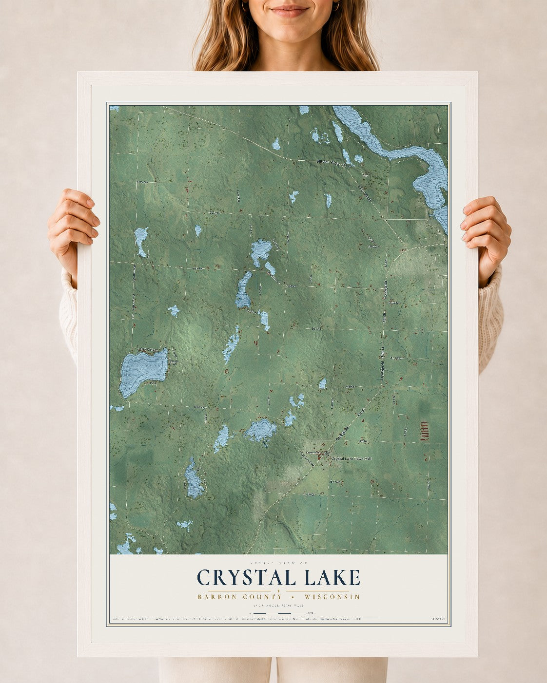 Map of Crystal Lake, Barron County, Wisconsin, 24 x 36 inch print in a white wood frame