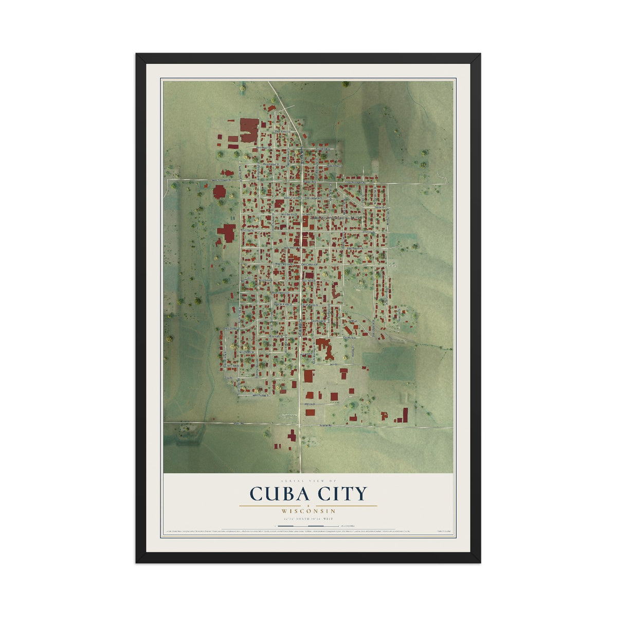 Map of Cuba City, Wisconsin, 12 x 18 inch print in a black wood frame