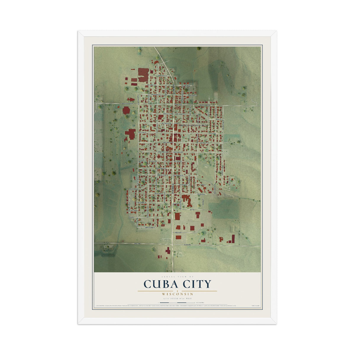 Map of Cuba City, Wisconsin, 12 x 18 inch print in a white wood frame