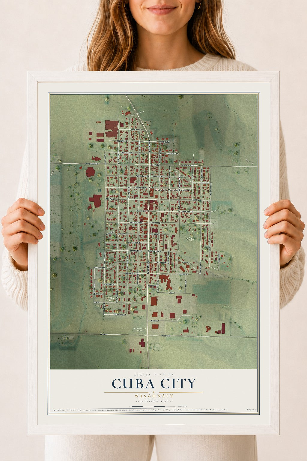Map of Cuba City, Wisconsin, 18 x 24 inch print in a white wood frame