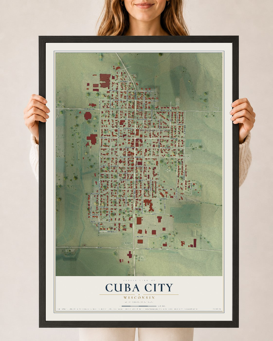 Map of Cuba City, Wisconsin, 24 x 36 inch print in a black wood frame