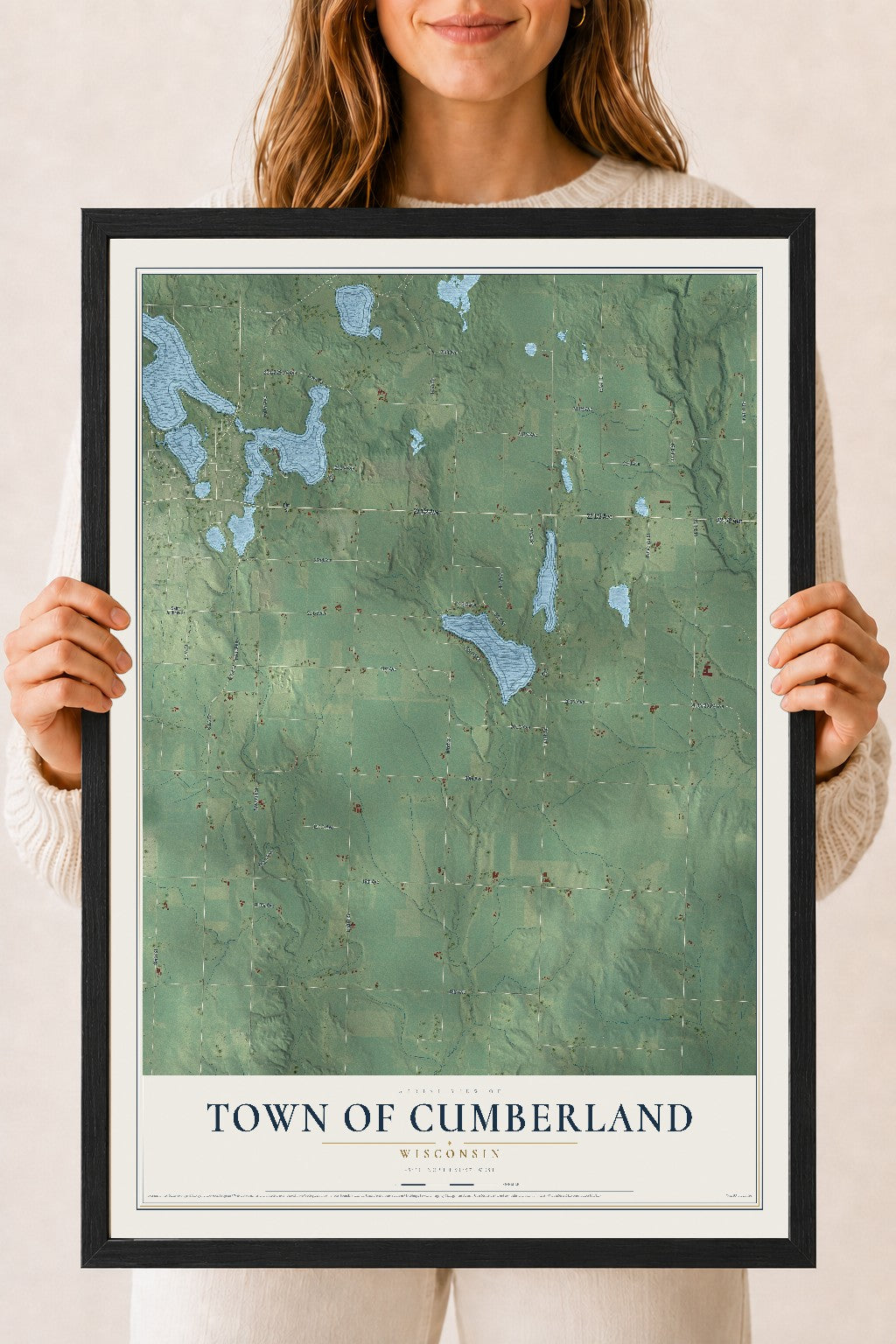 Map of the Town of Cumberland, Wisconsin, 18 x 24 inch print in a black wood frame