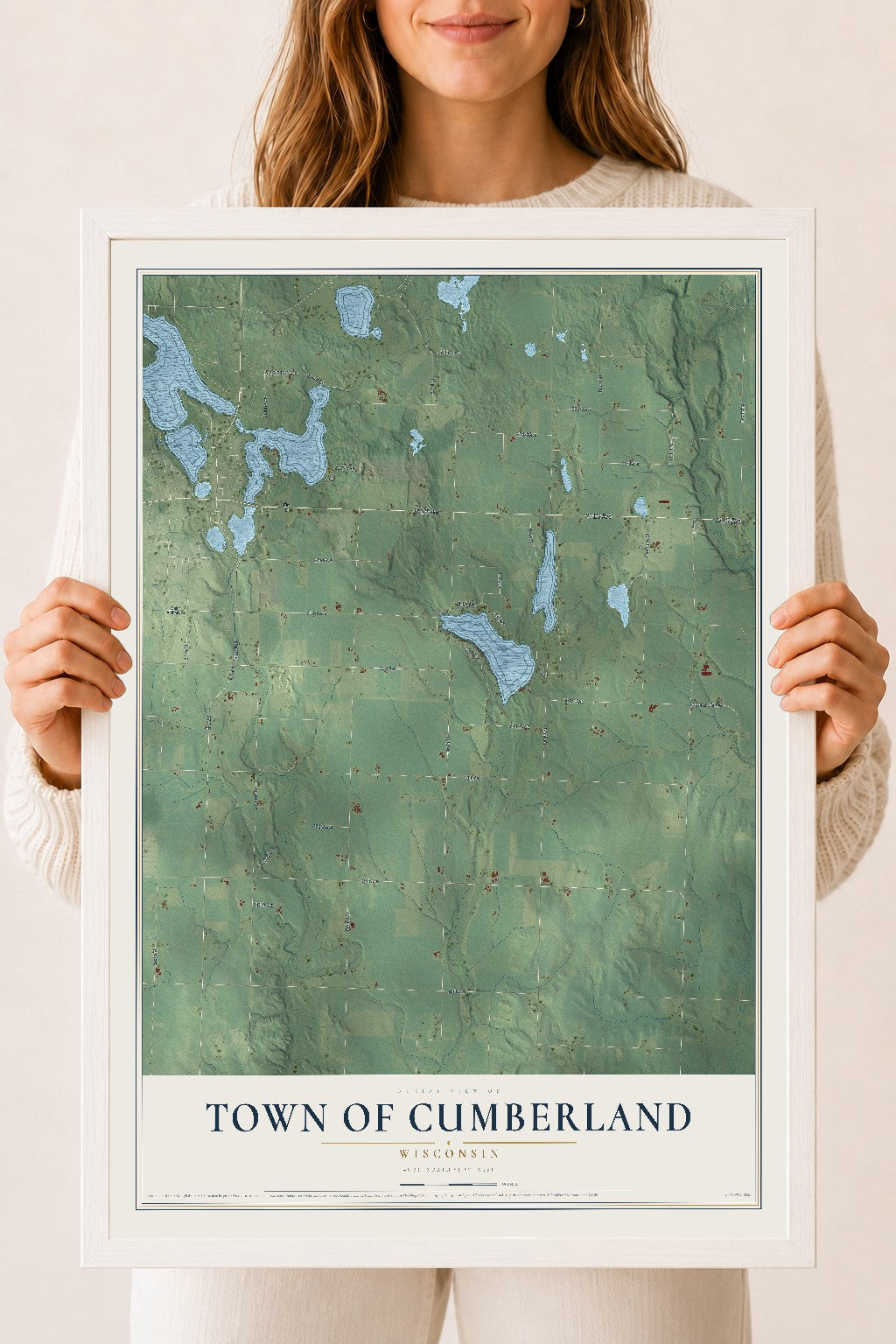 Map of the Town of Cumberland, Wisconsin, 18 x 24 inch print in a white wood frame