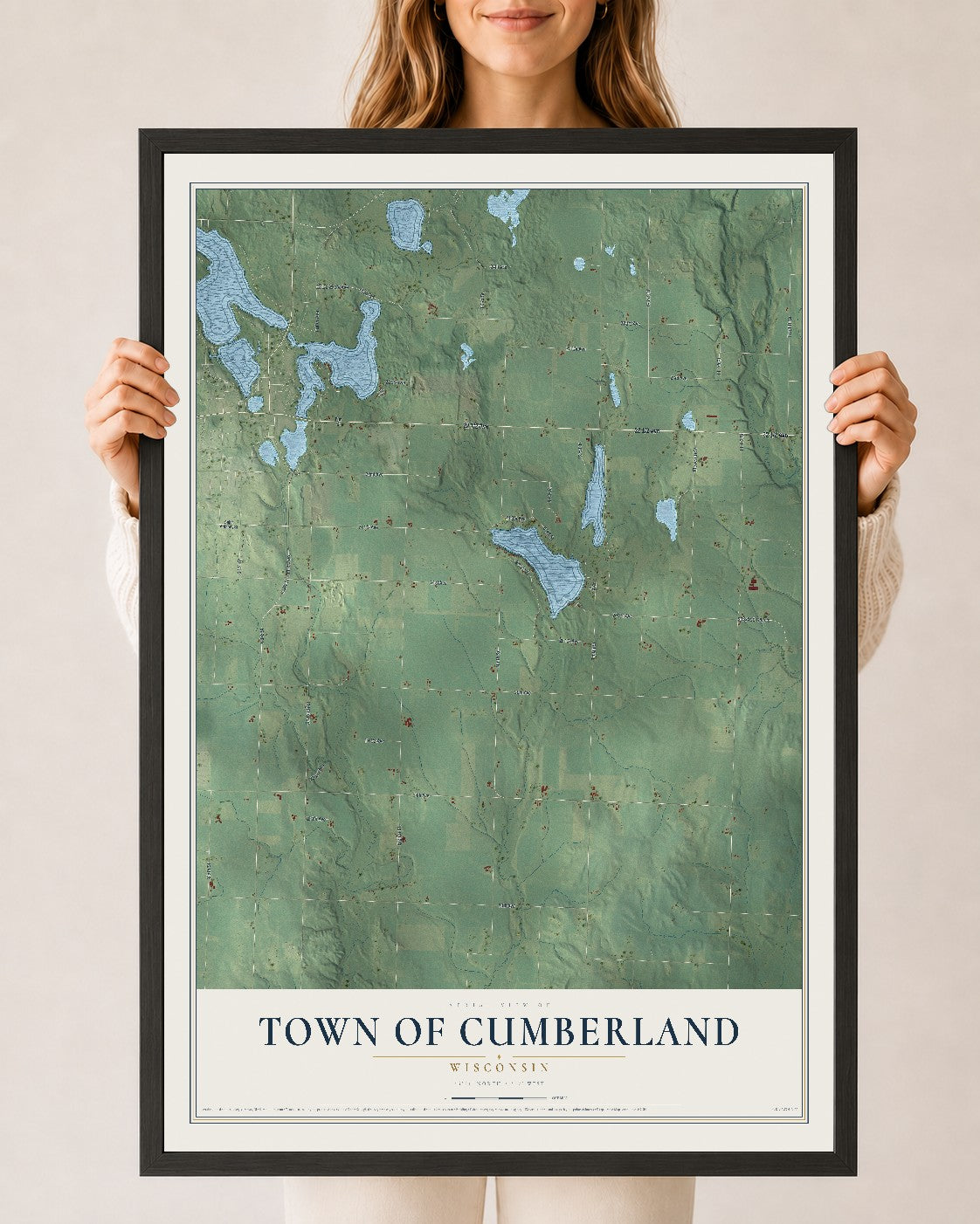 Map of the Town of Cumberland, Wisconsin, 24 x 36 inch print in a black wood frame