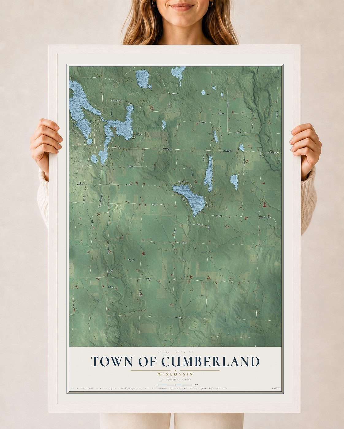 Map of the Town of Cumberland, Wisconsin, 24 x 36 inch print in a white wood frame