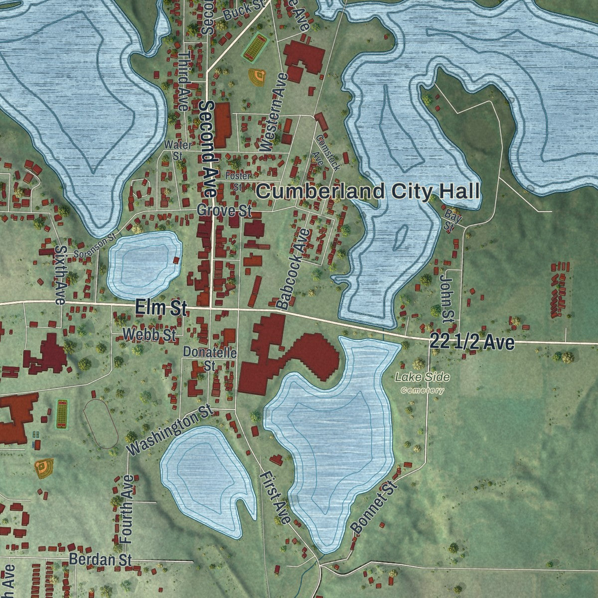 Close-up of the map of Cumberland, Wisconsin print showing street and building detail