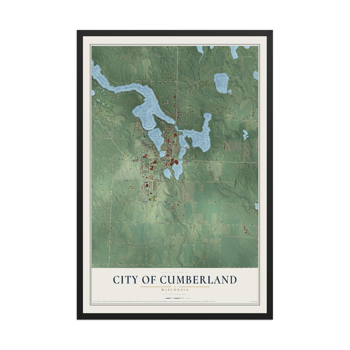 Map of Cumberland, Wisconsin, 12 x 18 inch print in a black wood frame
