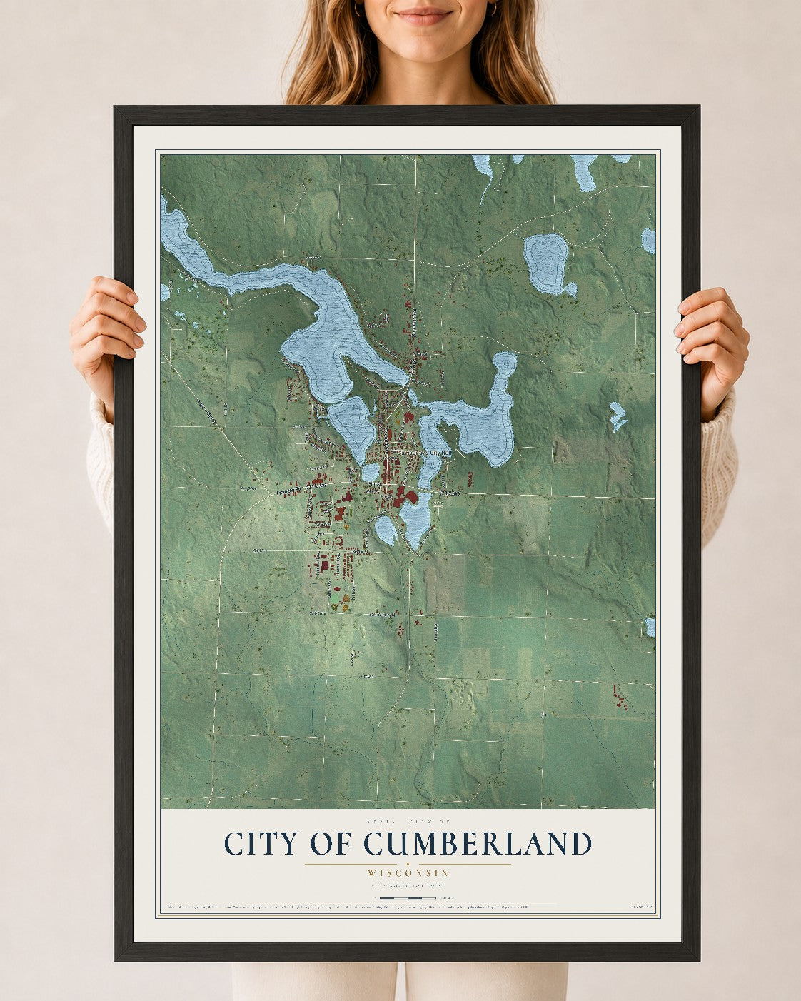 Map of Cumberland, Wisconsin, 24 x 36 inch print in a black wood frame