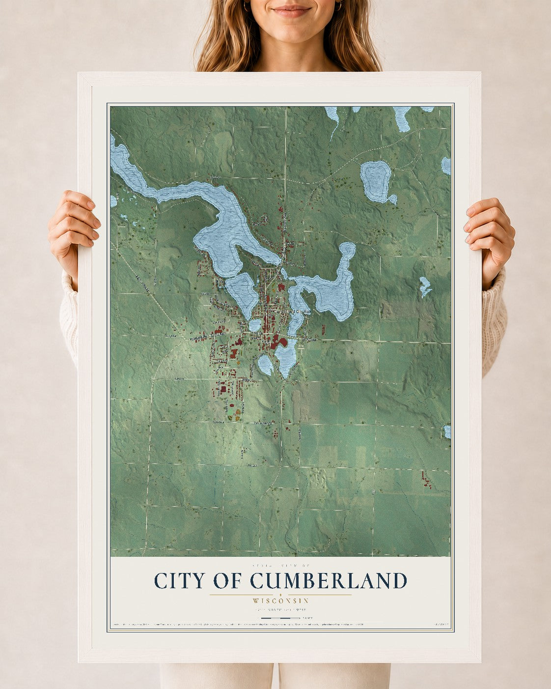 Map of Cumberland, Wisconsin, 24 x 36 inch print in a white wood frame