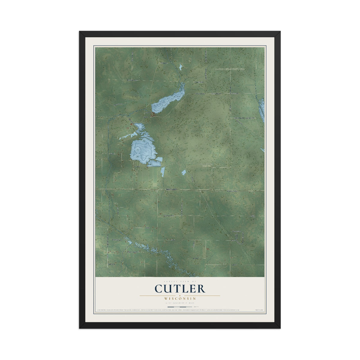 Map of Cutler, Wisconsin, 12 x 18 inch print in a black wood frame