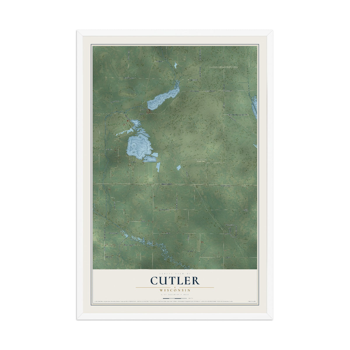 Map of Cutler, Wisconsin, 12 x 18 inch print in a white wood frame