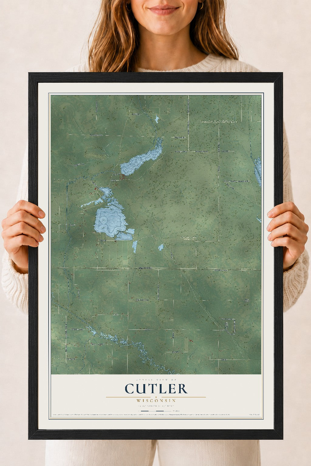 Map of Cutler, Wisconsin, 18 x 24 inch print in a black wood frame