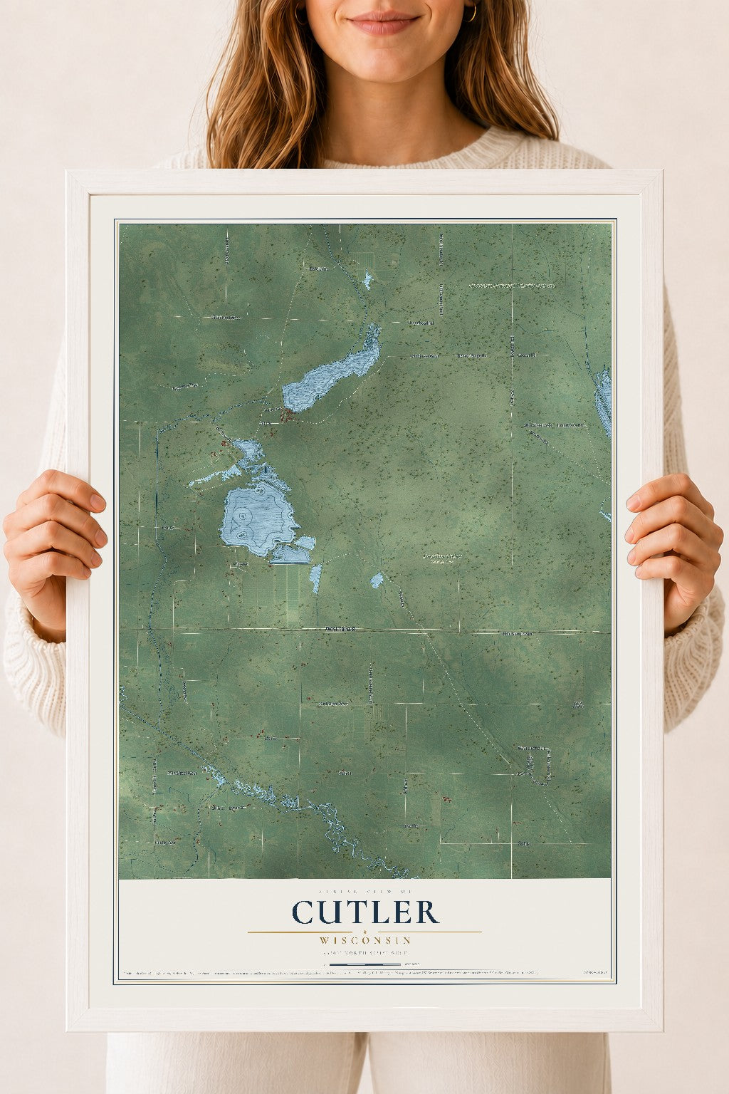 Map of Cutler, Wisconsin, 18 x 24 inch print in a white wood frame