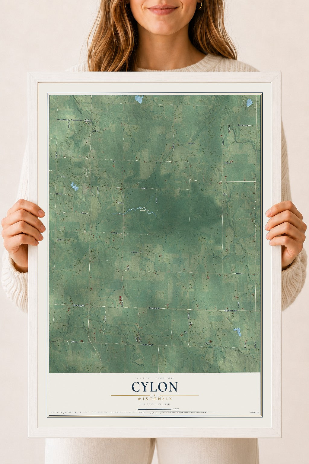Map of Cylon, Wisconsin, 18 x 24 inch print in a white wood frame
