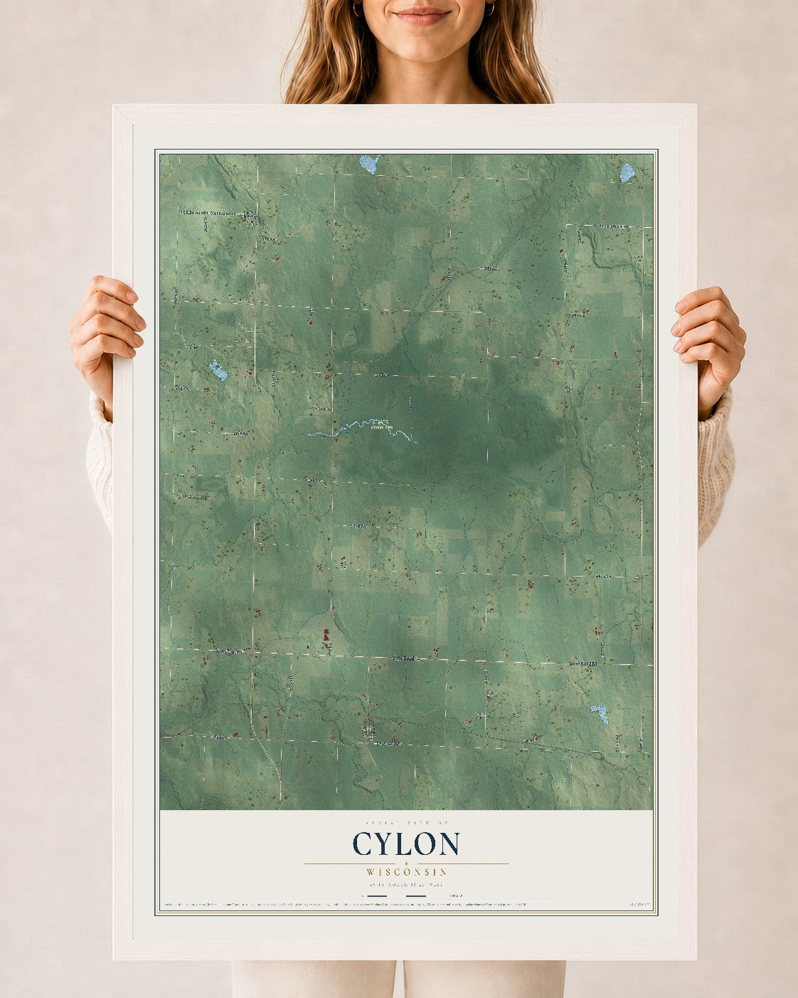Map of Cylon, Wisconsin, 24 x 36 inch print in a white wood frame