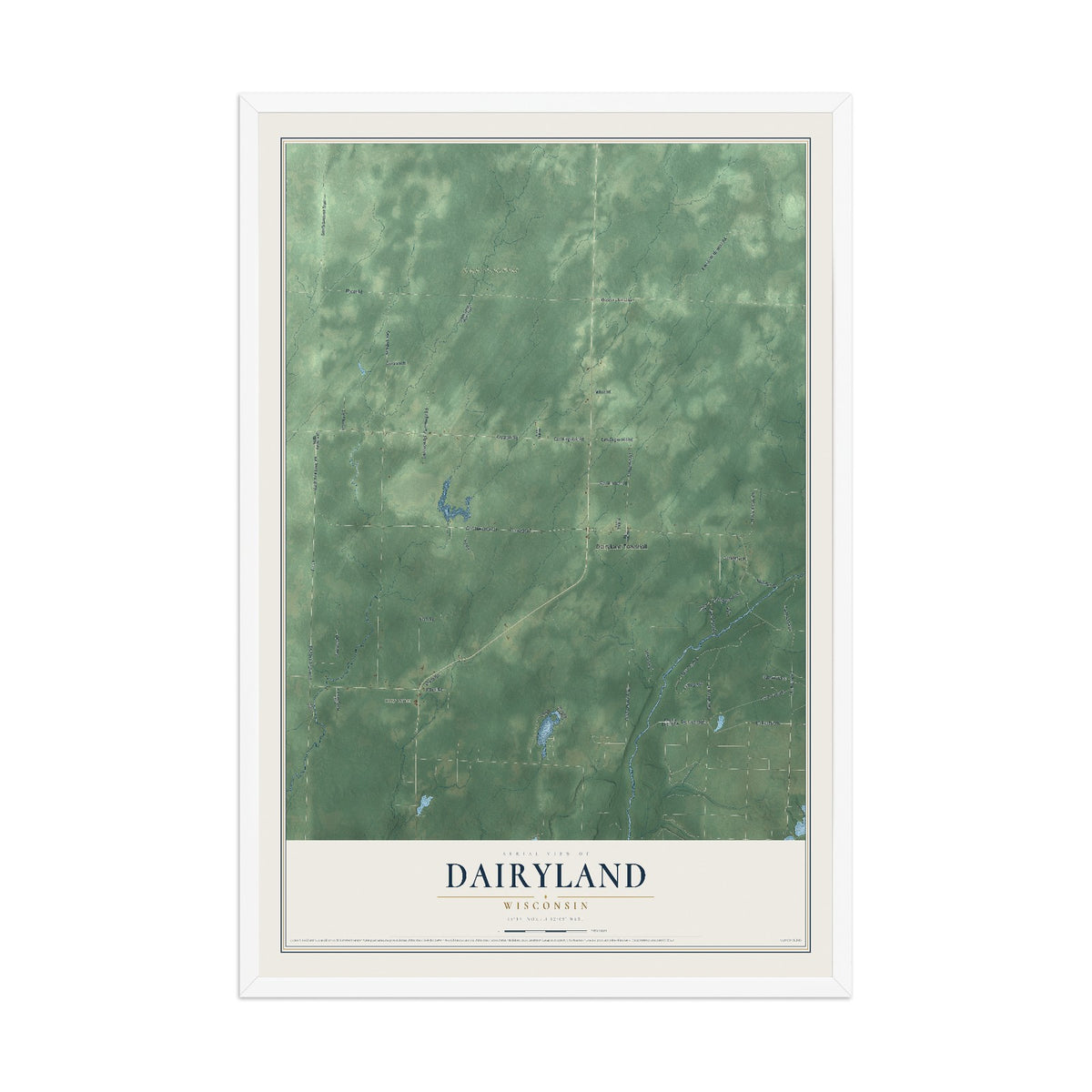 Map of Dairyland, Wisconsin, 12 x 18 inch print in a white wood frame