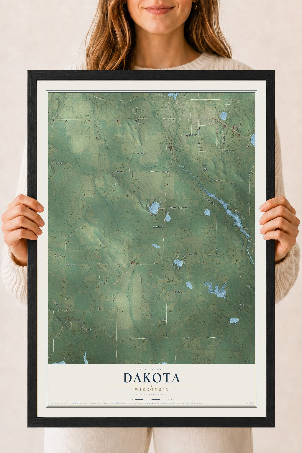 Map of Dakota, Wisconsin, 18 x 24 inch print in a black wood frame