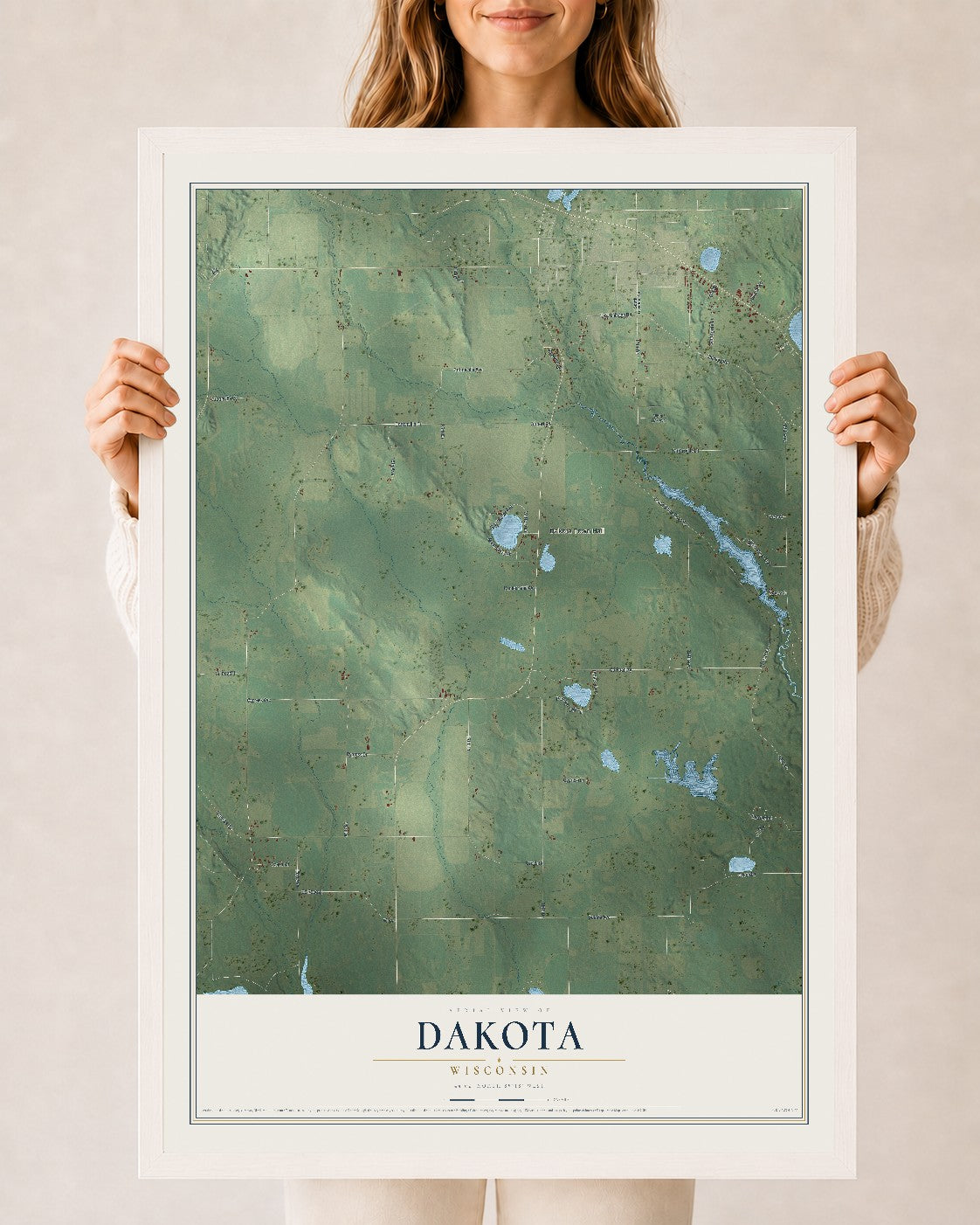 Map of Dakota, Wisconsin, 24 x 36 inch print in a white wood frame
