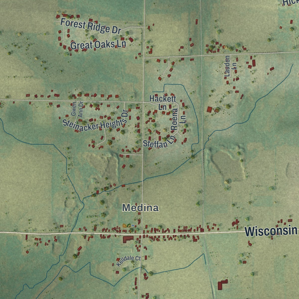 Close-up of the map of Dale, Wisconsin print showing street and building detail