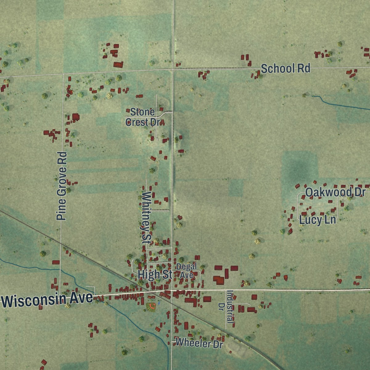 Second close-up of the map of Dale, Wisconsin print showing more streets and buildings