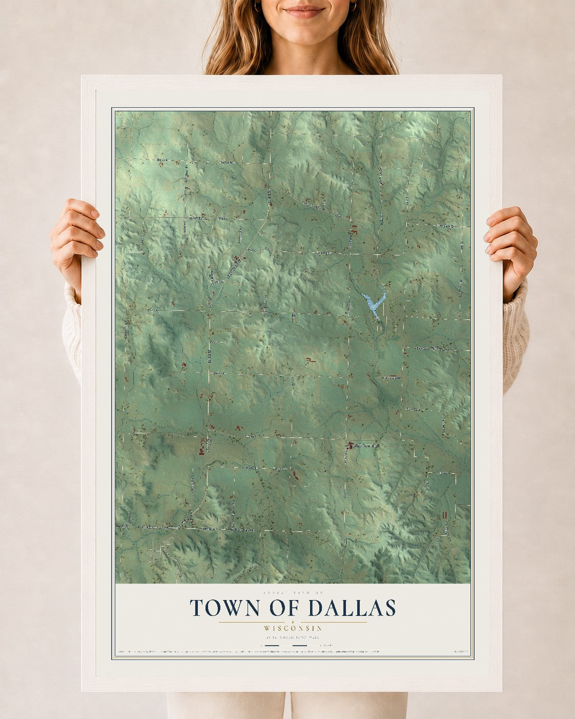 Map of the Town of Dallas, Wisconsin, 24 x 36 inch print in a white wood frame