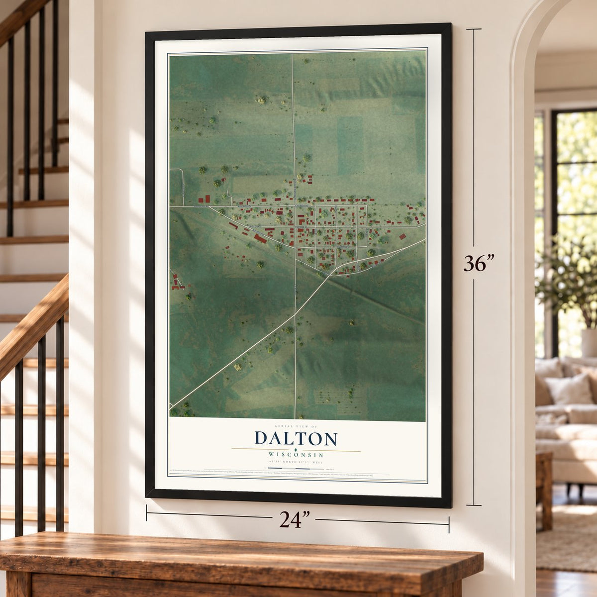 Dalton, Wisconsin map, 24 x 36 inch print in a black frame by a staircase