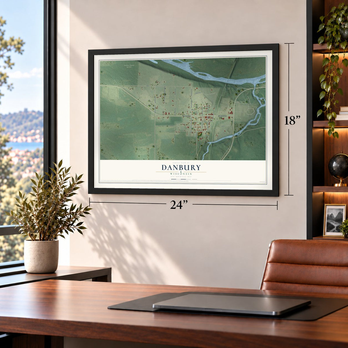 Danbury, Wisconsin map, 18 x 24 inch print in a black frame in a home office
