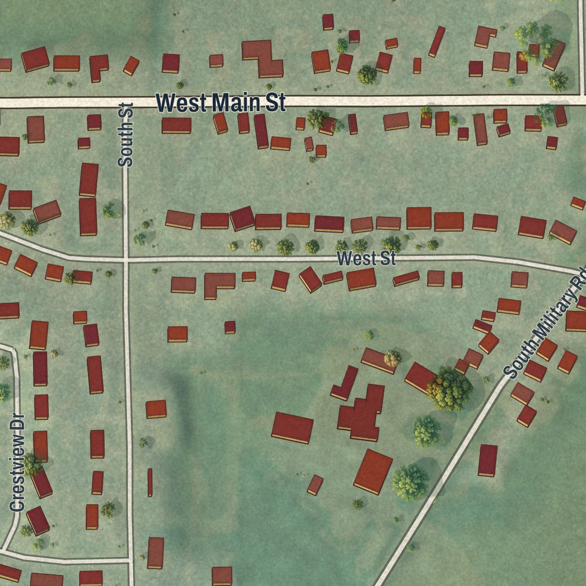 Close-up of the map of Dane, Wisconsin print showing street and building detail