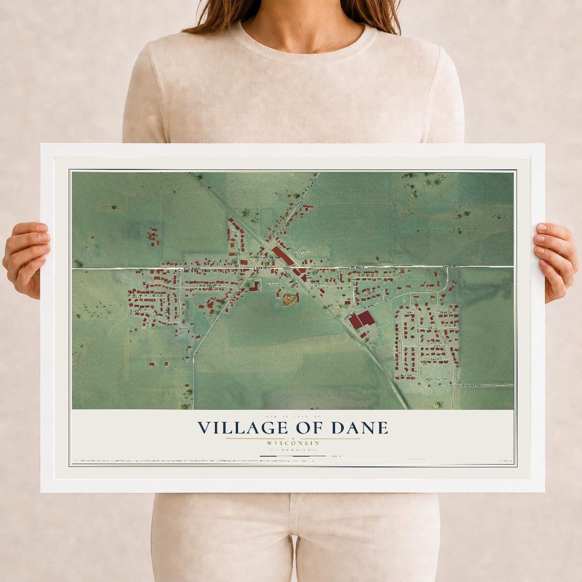 Map of Dane, Wisconsin, 12 x 18 inch print in a white wood frame