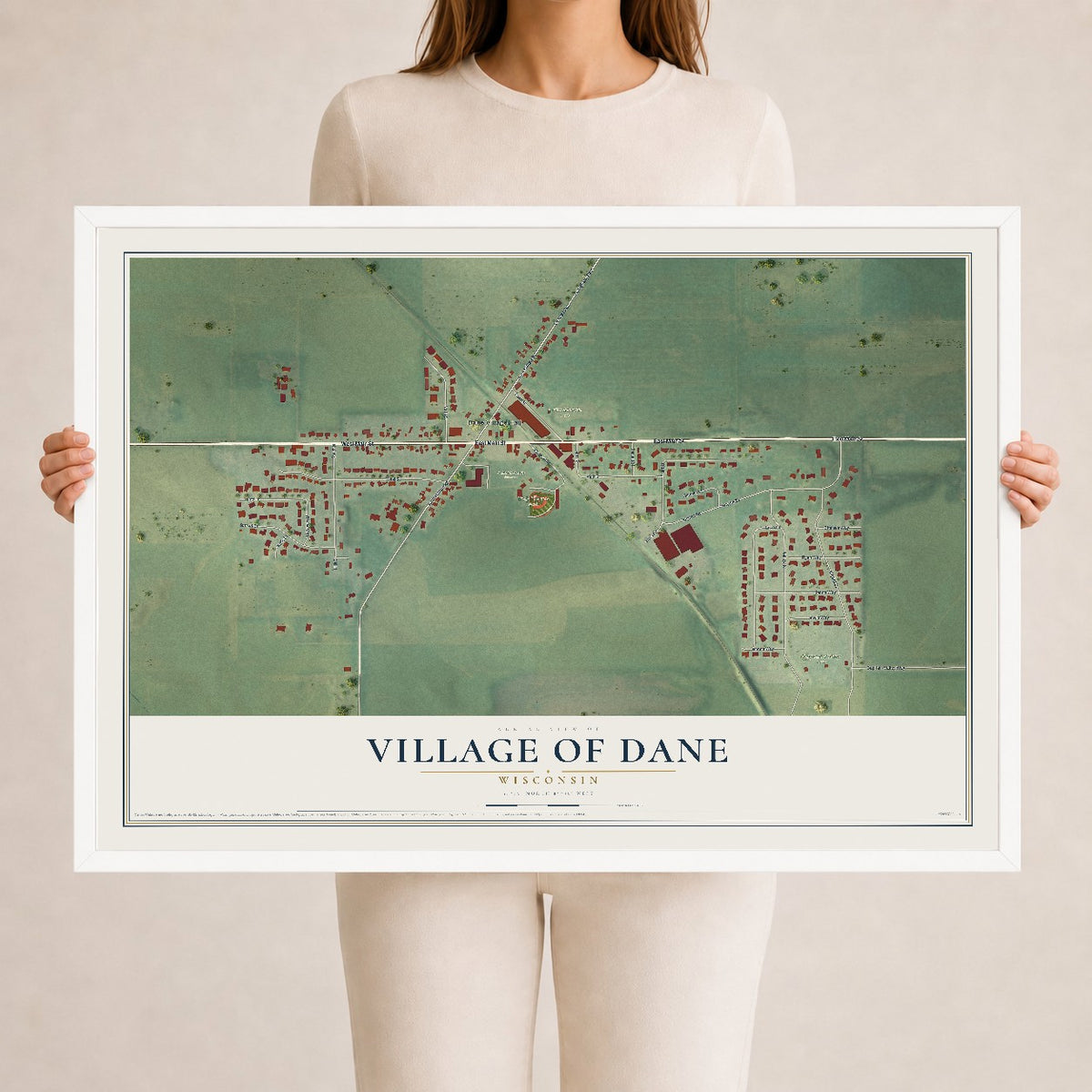 Map of Dane, Wisconsin, 24 x 36 inch print in a white wood frame
