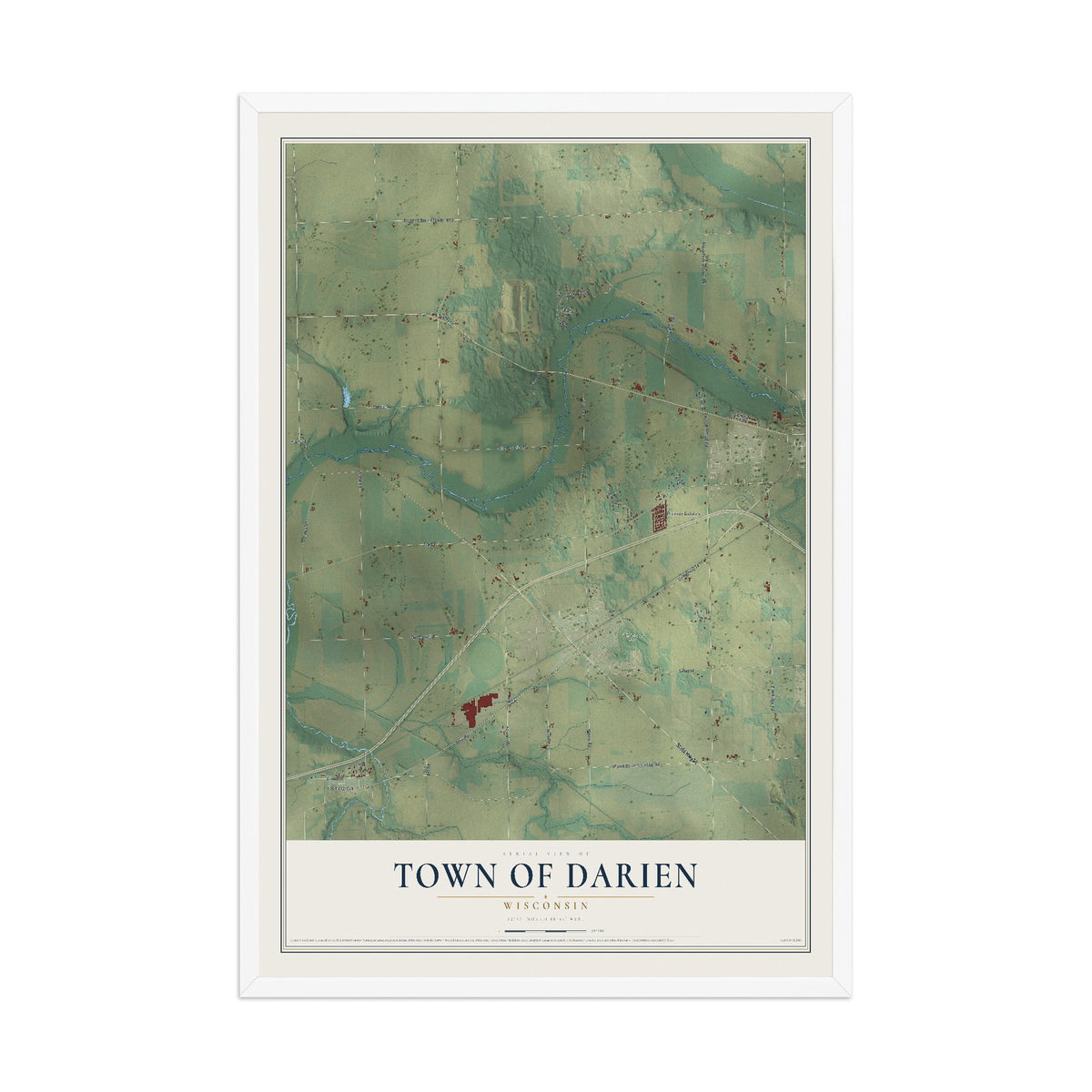 Map of the Town of Darien, Wisconsin, 12 x 18 inch print in a white wood frame