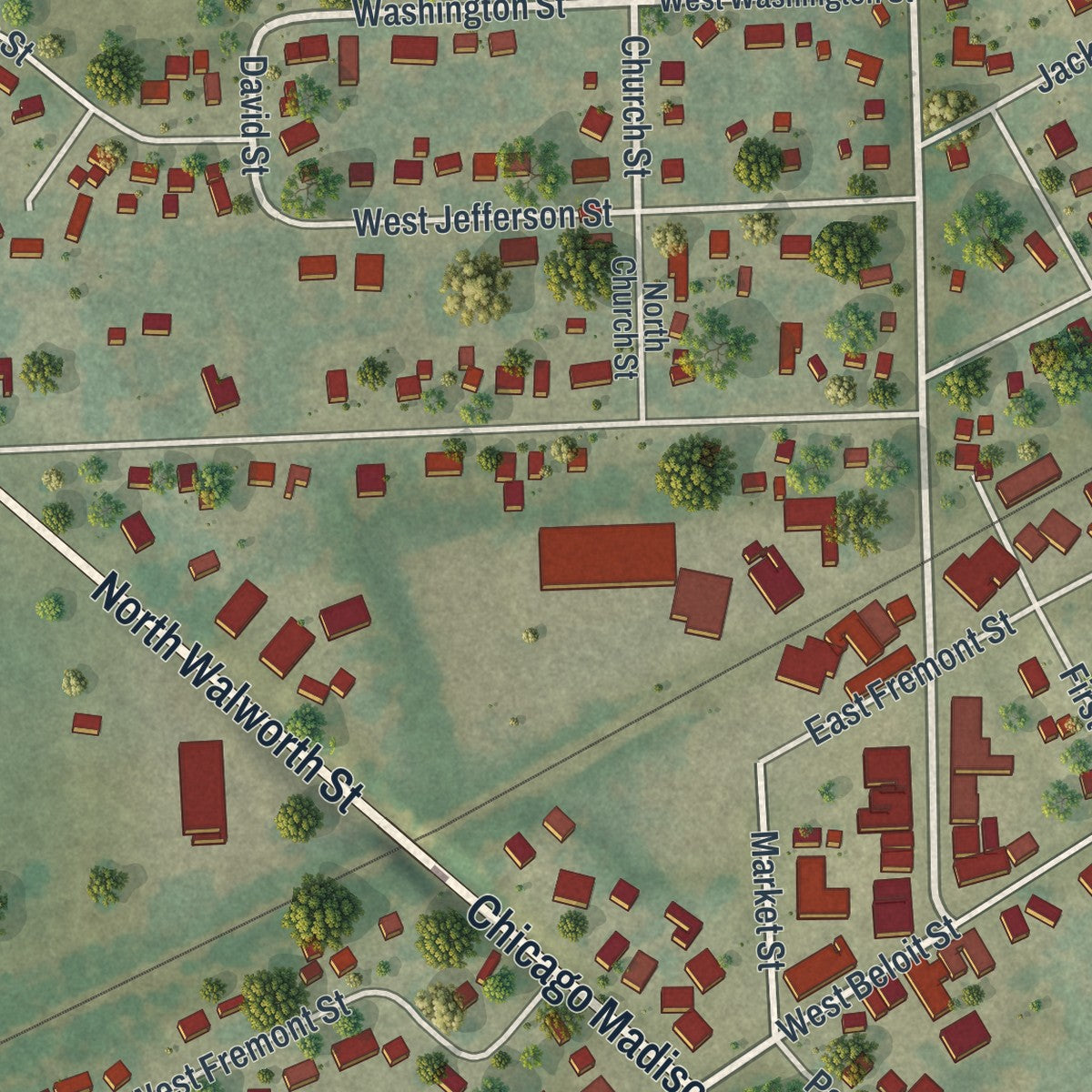 Close-up of the map of Darien, Wisconsin print showing street and building detail