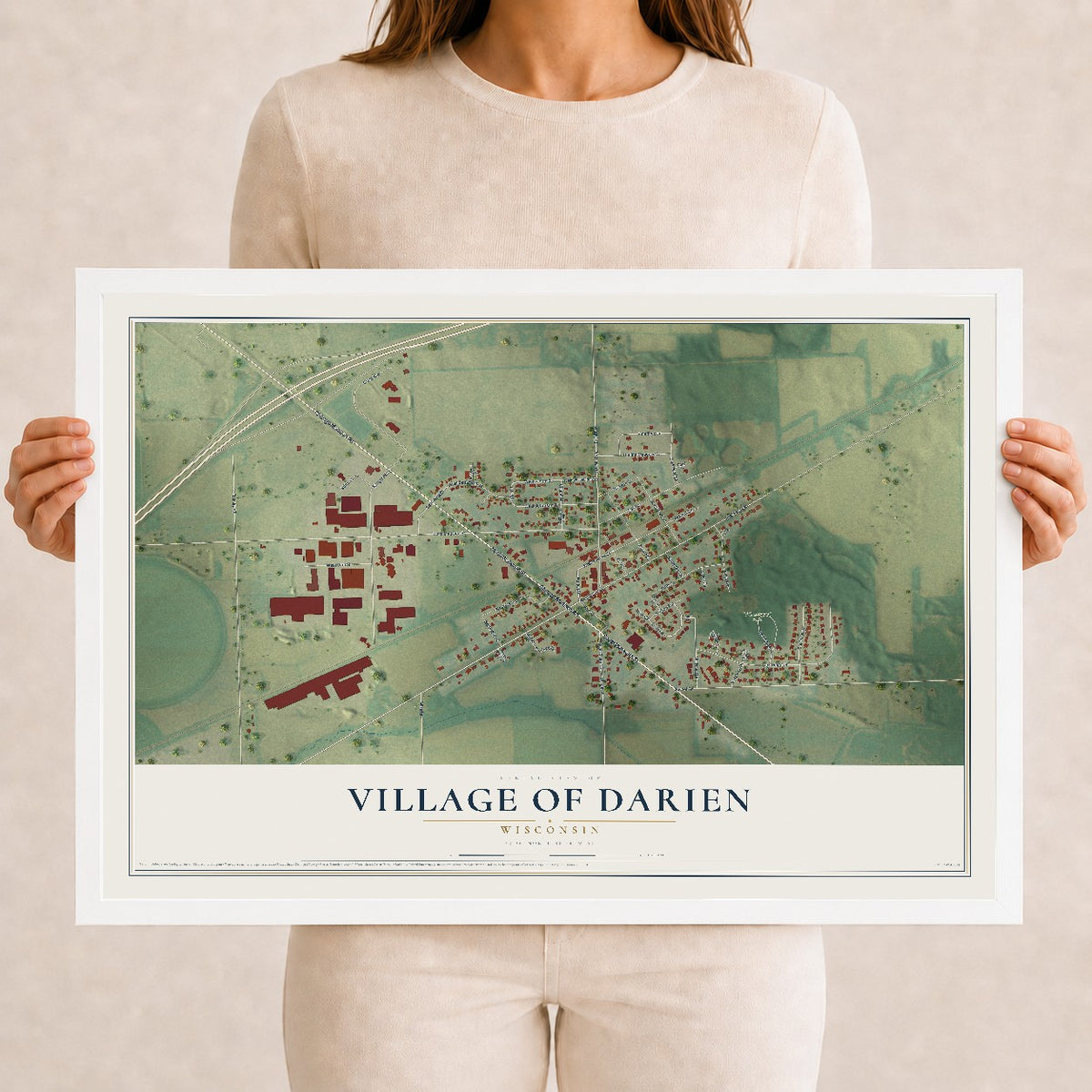 Map of Darien, Wisconsin, 12 x 18 inch print in a white wood frame