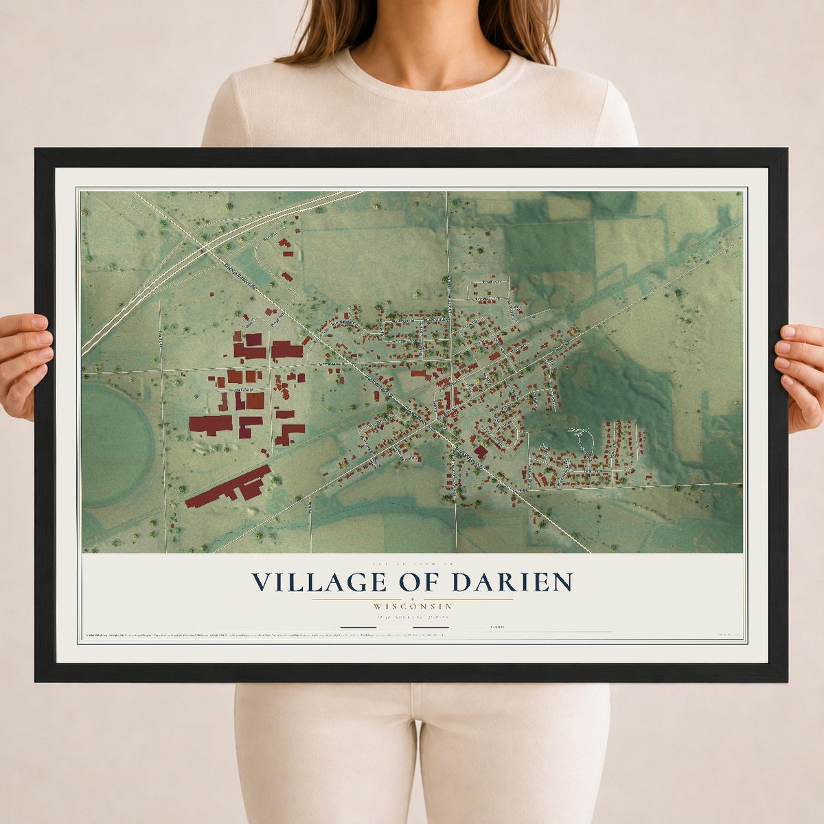 Map of Darien, Wisconsin, 18 x 24 inch print in a black wood frame