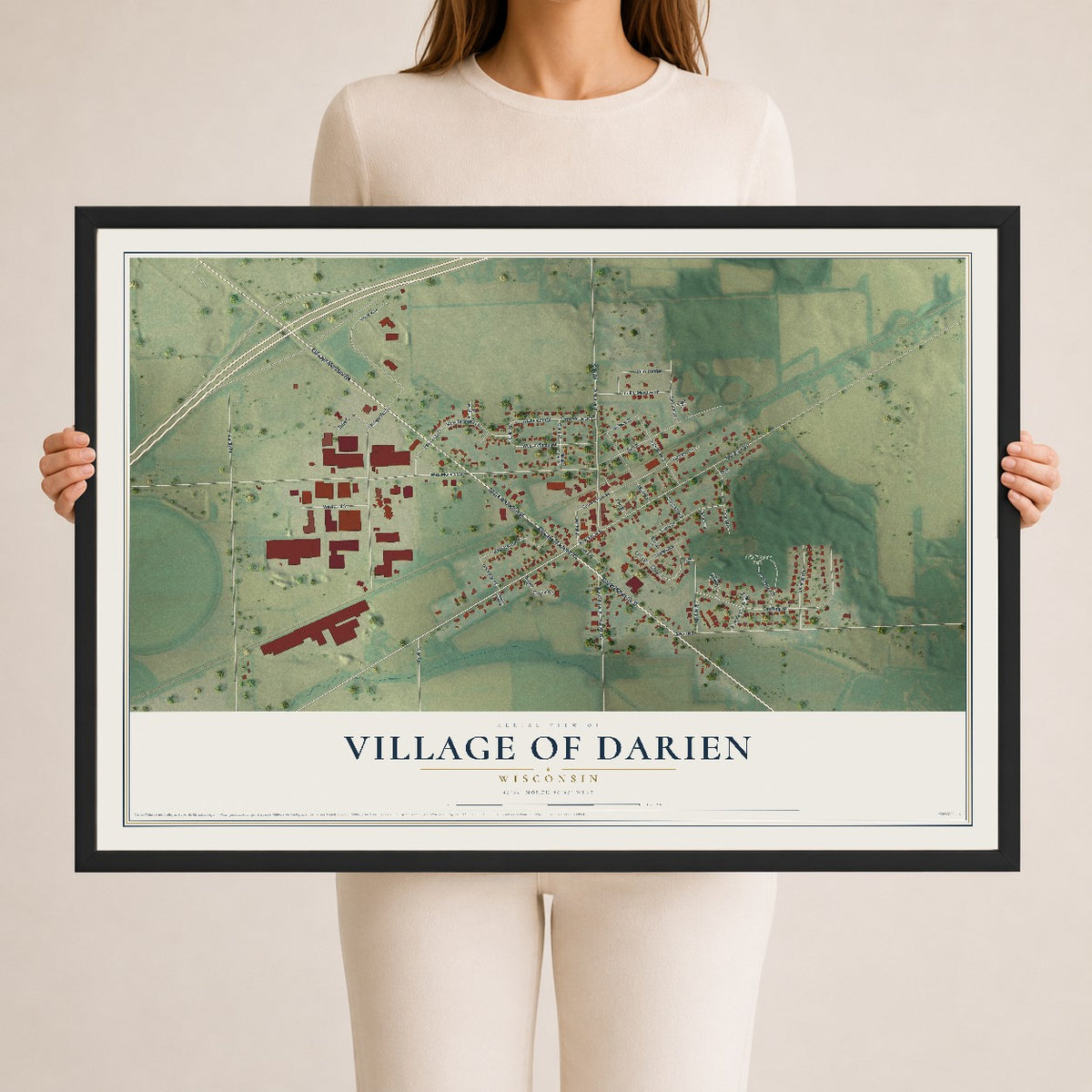 Map of Darien, Wisconsin, 24 x 36 inch print in a black wood frame