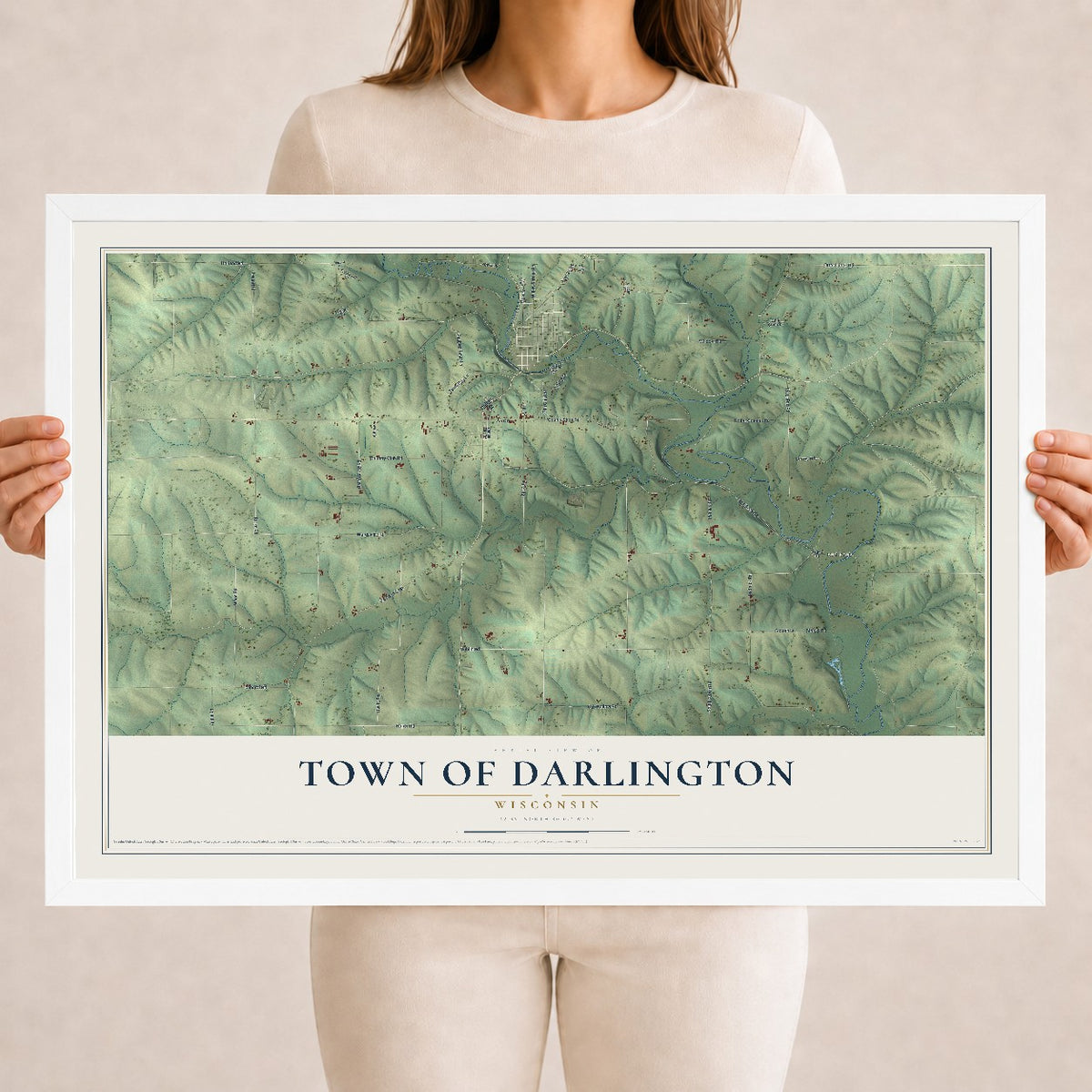 Map of the Town of Darlington, Wisconsin, 18 x 24 inch print in a white wood frame
