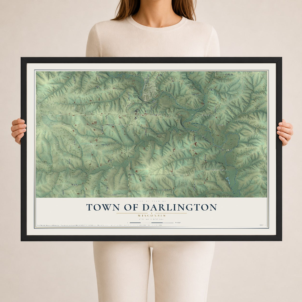 Map of the Town of Darlington, Wisconsin, 24 x 36 inch print in a black wood frame